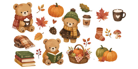 Watercolor cute autumn teddy bear and pumpkin elements set © dian's