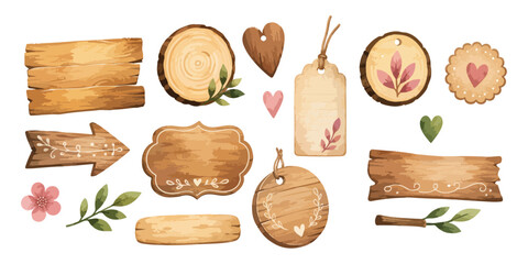 Obraz premium Watercolor rustic wooden sign and blank tag elements