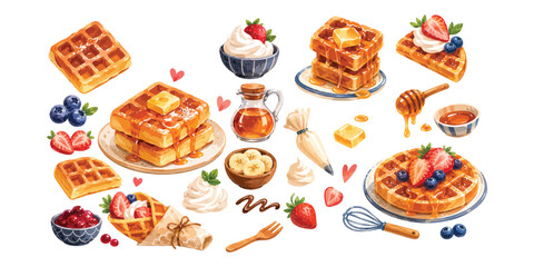 Naklejka na ściany i meble Watercolor delicious sweet waffles and breakfast toppings set