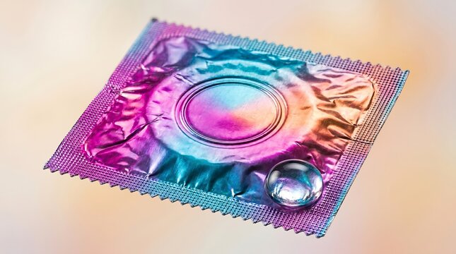Colorful iridescent condom wrapper with a water droplet