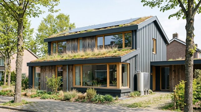 Modern sustainable residential house featuring dark grey metal cladding wooden siding and a lush green living roof with integrated solar panels captured during a bright sunny day in the suburbs.