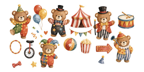 Watercolor cute circus clown teddy bear elements © dian's