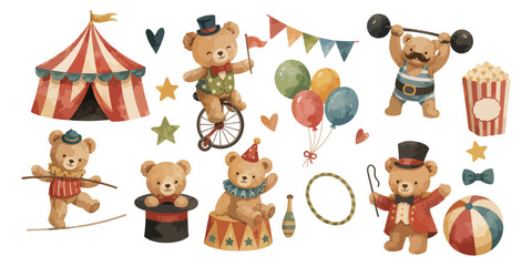 Watercolor cute circus teddy bear performance set © dian's