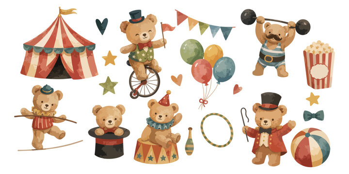 Watercolor cute circus teddy bear performance set