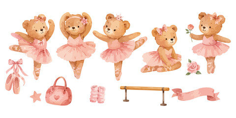 Naklejka na ściany i meble Watercolor cute ballerina teddy bear elements set