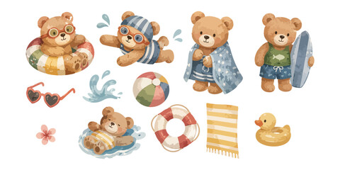Obraz premium Watercolor cute teddy bear beach swimming summer elements