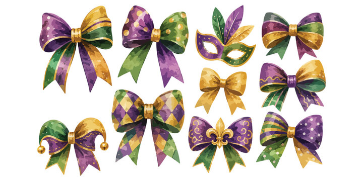  Watercolor mardi gras bow and carnival mask elements
