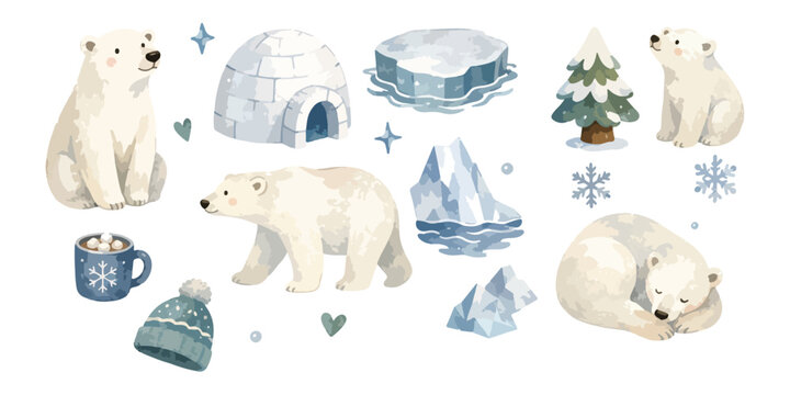 Watercolor polar bear and winter igloo elements set