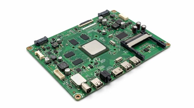 Detailed green printed circuit board featuring a central processor unit and various integrated electronic components on a clean white background