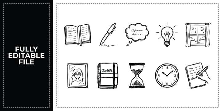 Black ink scribble writing tools and stationery icon set featuring hand drawn doodle sketch vector illustrations of pen, notebook, and clock for creative journal workshop art.