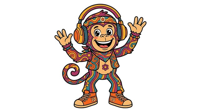 Groovy 70s dancing monkey cartoon character with headphones
