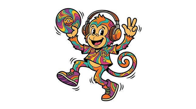 Psychedelic retro monkey mascot character with audio headphones