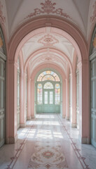 Obraz premium Beautifully designed hallway features elegant arches, pastel pink walls, and intricate floral patterns. sunlight filters through stained glass, creating serene atmosphere