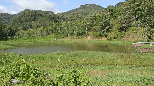 A view of a small, tranquil lake surrounded by green hills