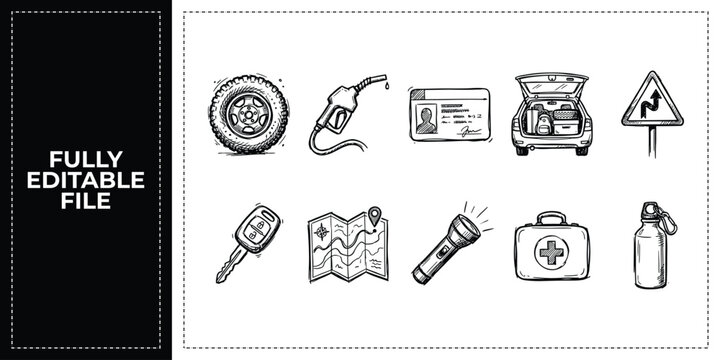 Black ink scribble nature adventure and survival icon set featuring hand drawn doodle sketch vector illustrations of tent, compass, and first aid for outdoor scout trips.