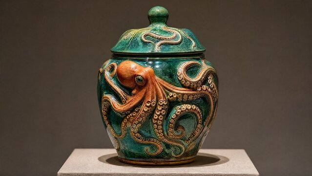 A ceramic jar featuring an octopus design, displayed on a pedestal.