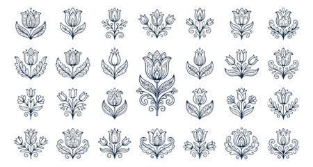 Folk art floral ornament set, 28 decorative tulip vector icons, traditional botanical line art motifs, elegant navy blue flower illustrations © Shahzad