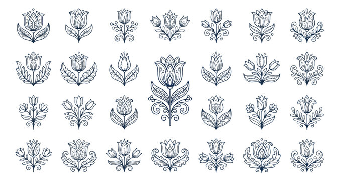 Folk art floral ornament set, 28 decorative tulip vector icons, traditional botanical line art motifs, elegant navy blue flower illustrations