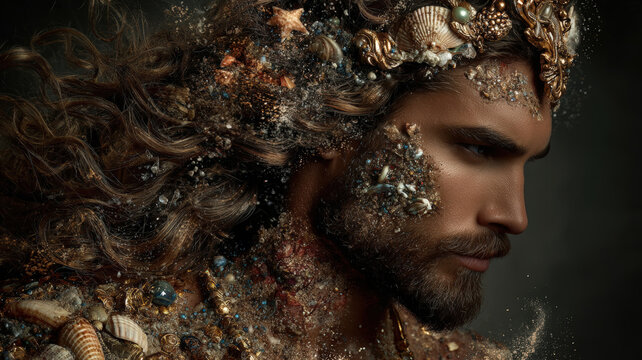 Greek mythology sea god Poseidon. Fantasy. A closeup portrait of a man with a serene expression, set against a dark background. The mans face is covered in a mixture of seashells, starfish.