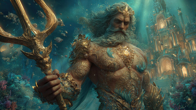 Greek mythology sea god Poseidon. Fantasy. A vivid portrayal of a mythical creature, likely a mermaid or aquaman, set against an underwater backdrop. The creature has a long.