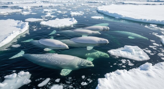 Beluga whales in icy water.