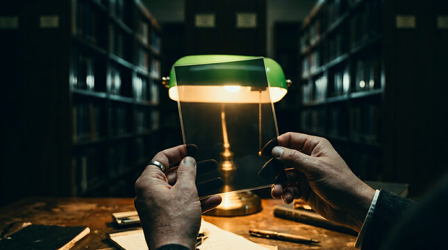 Person reading a document under a green banker lamp in a dark library Detective Mystery Document, Dark Cinematic