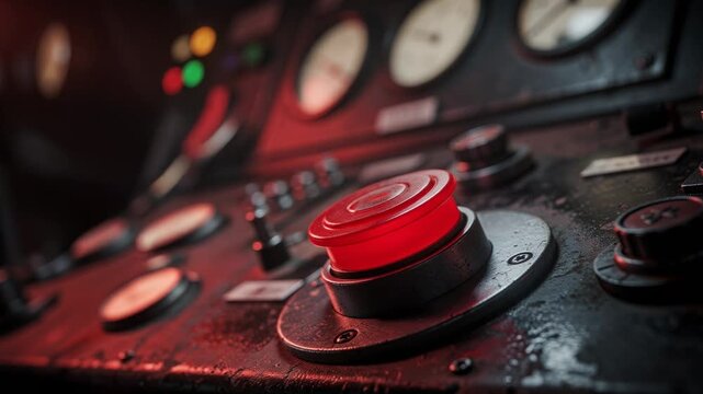 Gloved hand pressing glowing red emergency button on industrial control panel for safety