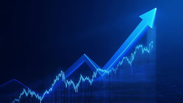 Glowing blue arrow rising against dark background symbolizing financial growth and success