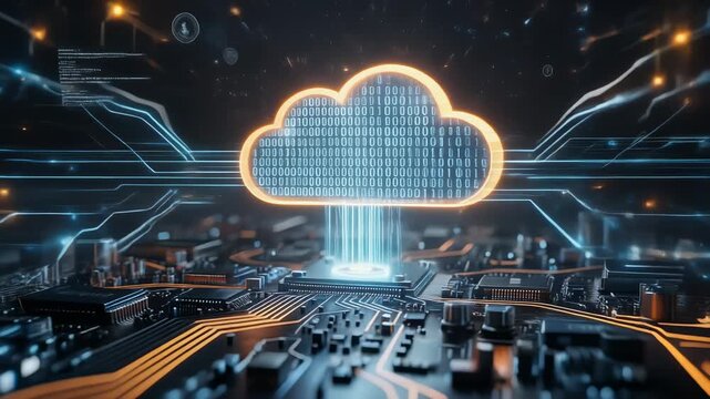 Glowing futuristic digital cloud hovering above circuit board with pulsing interconnected lights
