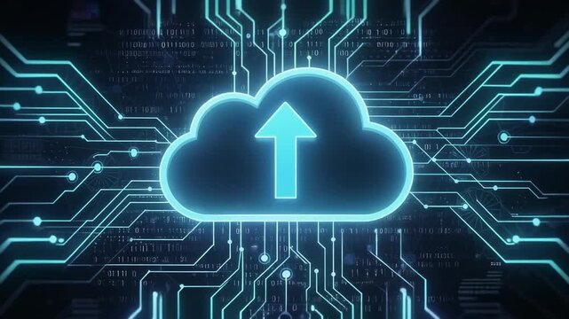Glowing digital cloud with upward arrow and data streams symbolizing technology and innovation