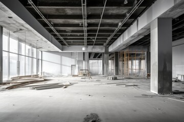 Fototapeta premium Large industrial interior with concrete structure and scaffolding during development
