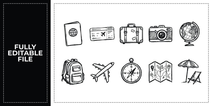 Black ink scribble international travel and luggage icon set featuring hand drawn doodle sketch vector illustrations of passports and globes for holiday booking website art.