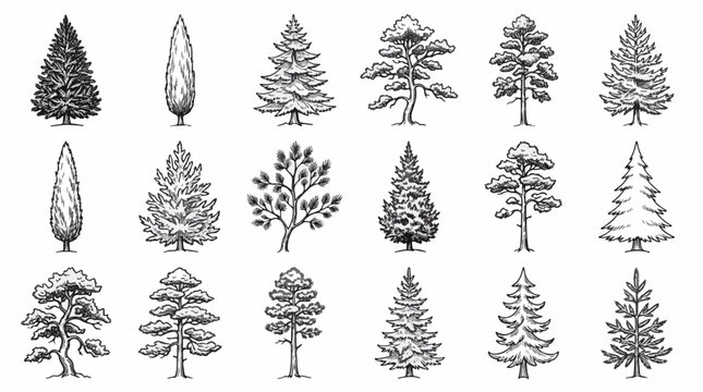 Collection of Various Types of Trees in Black and White Line Art Style
