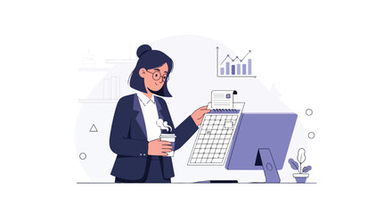 A professional woman in a suit stands in an office holding a cup of coffee while reviewing her calendar next to a computer and charts. © Samsul