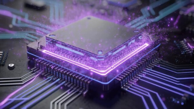 Glowing purple microchip emitting vibrant light and dynamic particles on a circuit board