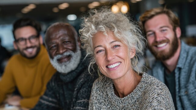 Multi-generational business team collaborating office diverse ages experience knowledge sharing teamwork professional corporate culture inclusivity