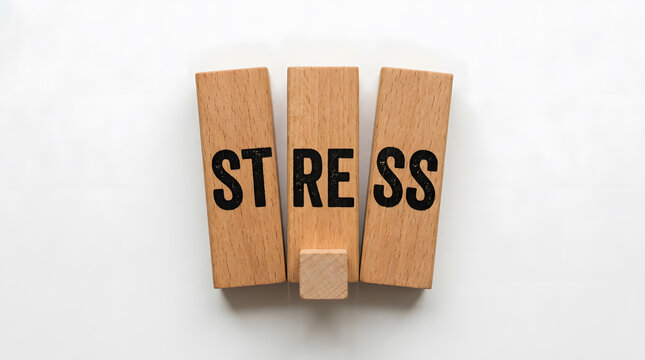 Stress word on wooden blocks against white background | Concept of mental health pressure and anxiety | Burnout and workload symbol | Psychology and emotional well-being | Feeling overwhelmed
