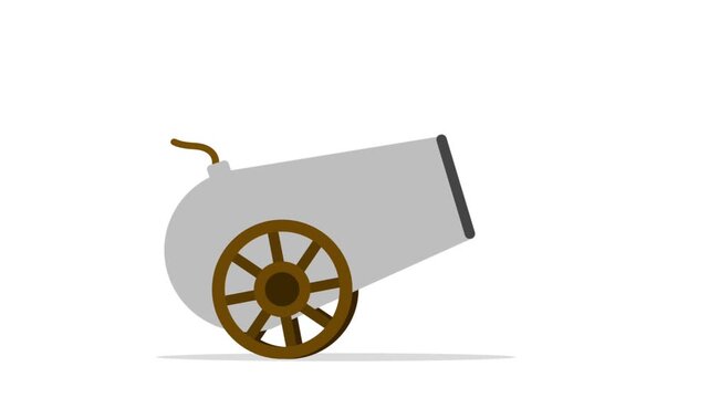 Animation grey cannon firing with a spark explosion split across a white and green screen background.