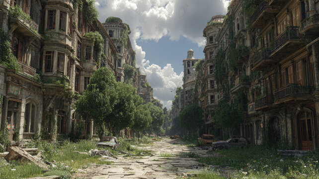 Lost civilization. Fantasy. A detailed, realistic depiction of a dilapidated, multistory building complex. The buildings feature ornate architectural details, including balconies, windows.