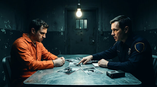 Police detective questioning a prisoner in a dark interrogation room Detective Mystery Document, Dark Cinematic