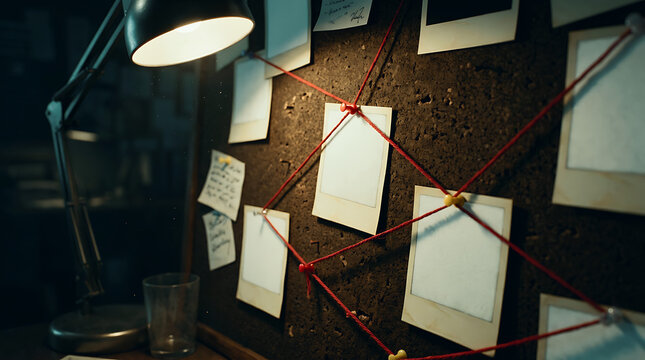 Detective investigation board with crime photos and red string connecting clues in a dark office Detective Mystery Document, Dark Cinematic