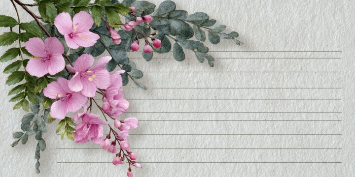 a lined notebook page with a vintage border, a pink floral design