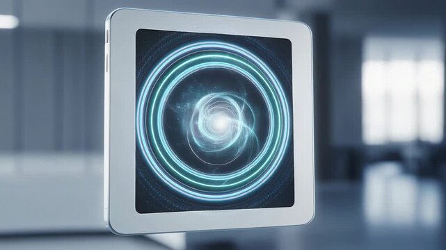 Futuristic touchscreen device interaction with holographic swirling data and digital technology innovation