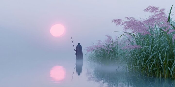 medieval soldier walking through swamp, foggy, tall staff in the water, red sun on horizon, dawn, dark grey and light pink color palette