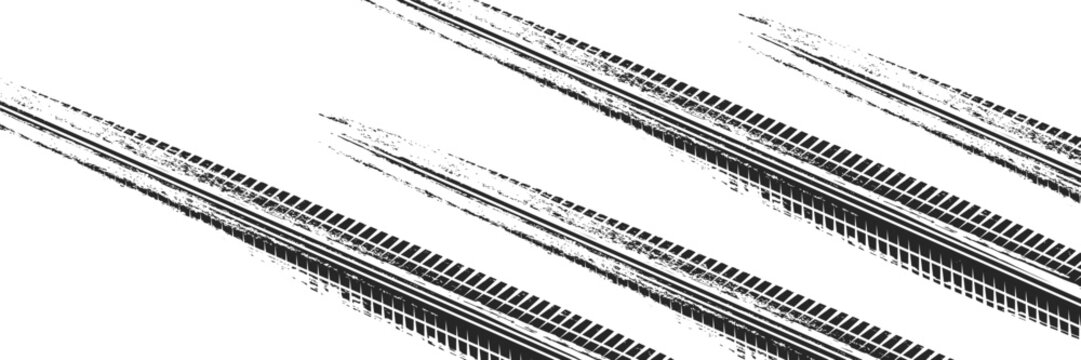 Tire tracks background for rally, drift, motocross, off-road and other auto and motorsport. Black tire marks on a white background with a worn effect and splashes of dirt.