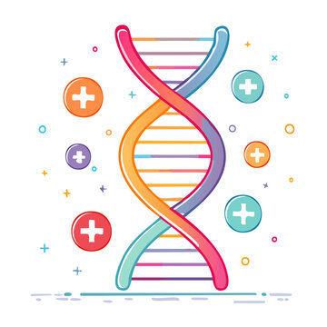Colorful DNA helix with plus signs