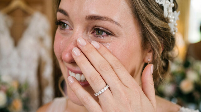 Extreme close-up of an emotional bride wiping a tear of joy from her cheek, holding a diamond wedding ring while preparing for the ceremony, love and happiness concept