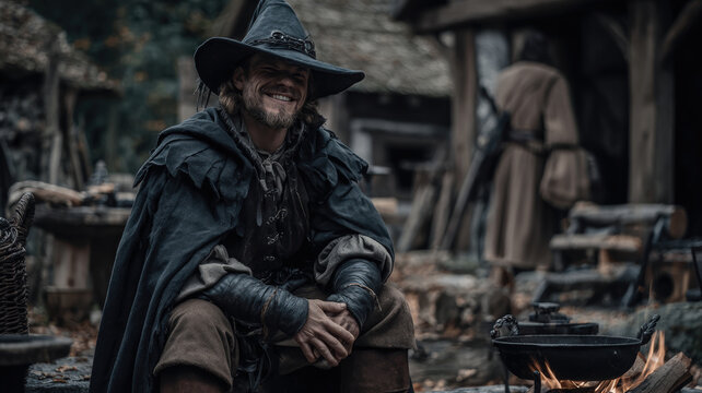 Europe medieval lifestyle. A moody, atmospheric portrayal of a man in a medieval setting. He wears a dark cloak, a widebrimmed hat, and leather gloves. His hands are clasped in front of him.