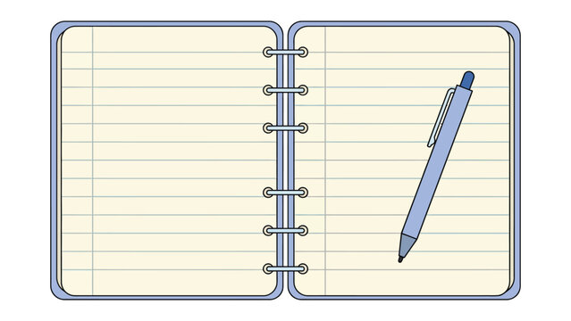 Notebook and Pen: An open notebook with lined pages, bound by silver rings, sits ready for ideas, accompanied by a sleek blue pen poised for writing, suggesting creativity and productivity.