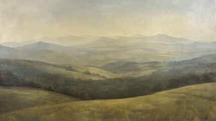 Obraz premium Rolling hills stretch across a serene landscape under a soft hazy sky.